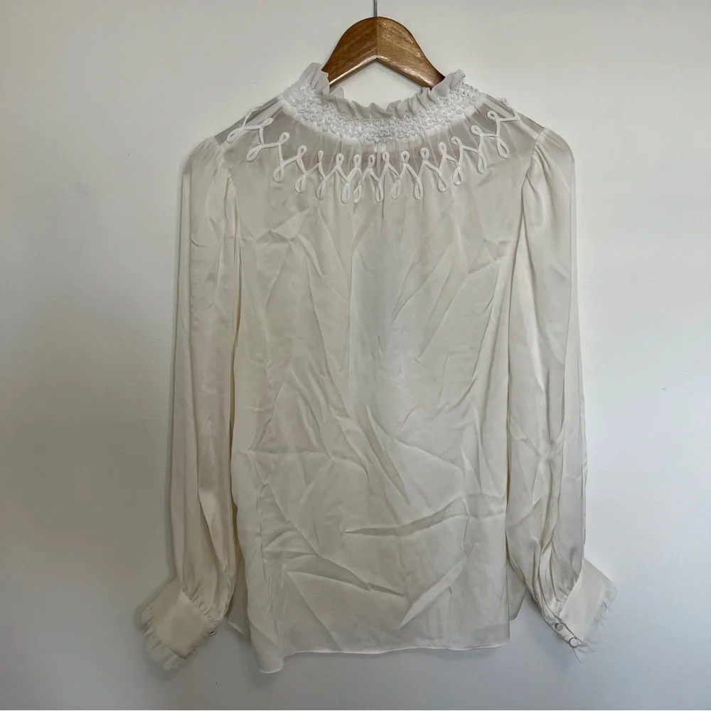 Kobi Halperin Womens Maria Ivory Silk Mock Neck Ruffled Blouse Size Large NWT